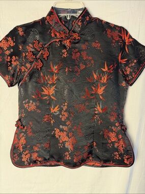 Black & Red Mandarin Collar Floral Embroidered Blouse